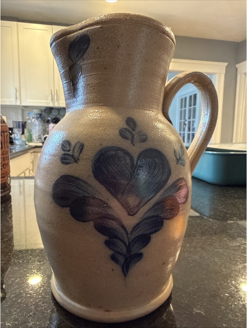 Vintage 1989 Rowe Pottery Works Blue Heart Stoneware Pitcher